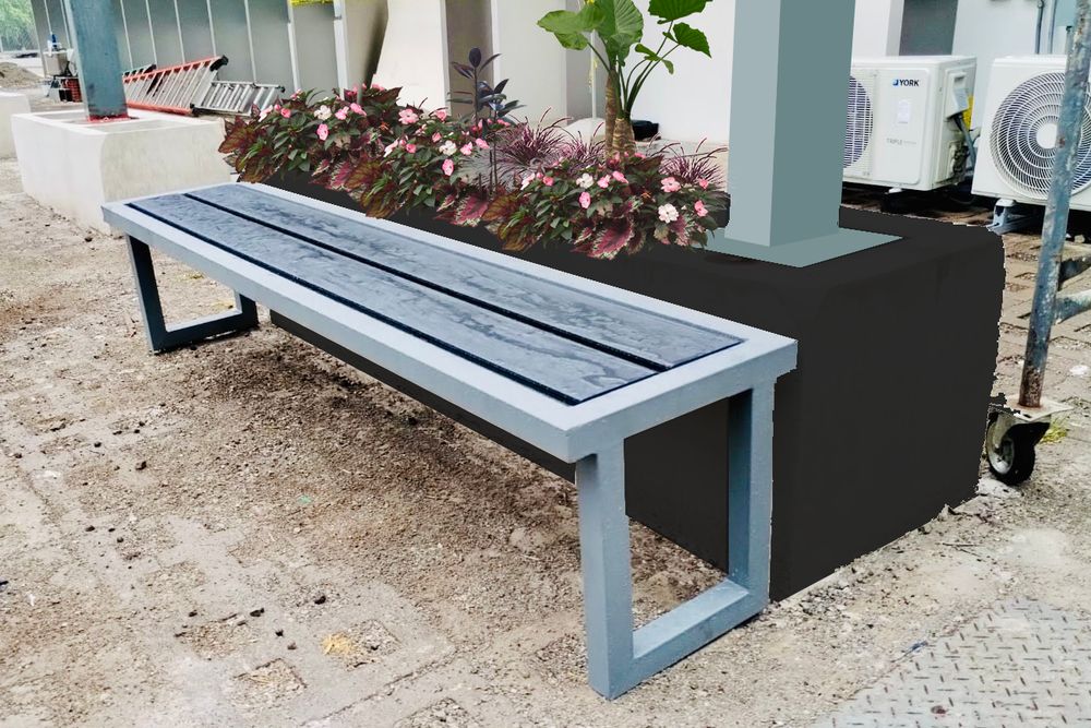 Zona de Descanso en Estructura Metálica — Techado, bancas y jardineras a medida